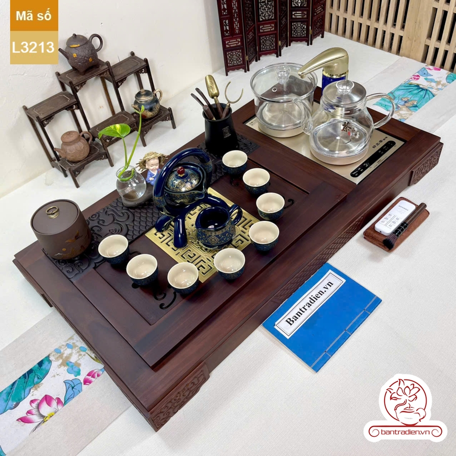 Bộ bàn trà điện thông minh đa năng cao cấp gỗ mun mặt đồng L3213