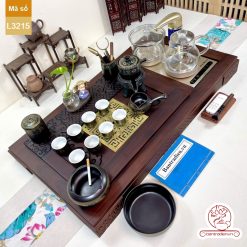 Bộ bàn trà điện thông minh đa năng cao cấp gỗ mun mặt đồng L3215