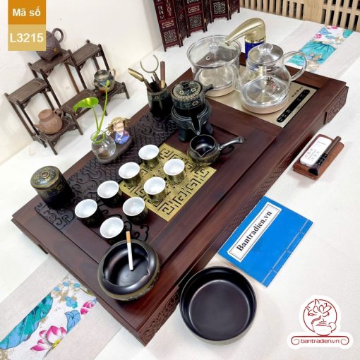 Bộ bàn trà điện thông minh đa năng cao cấp gỗ mun mặt đồng L3215