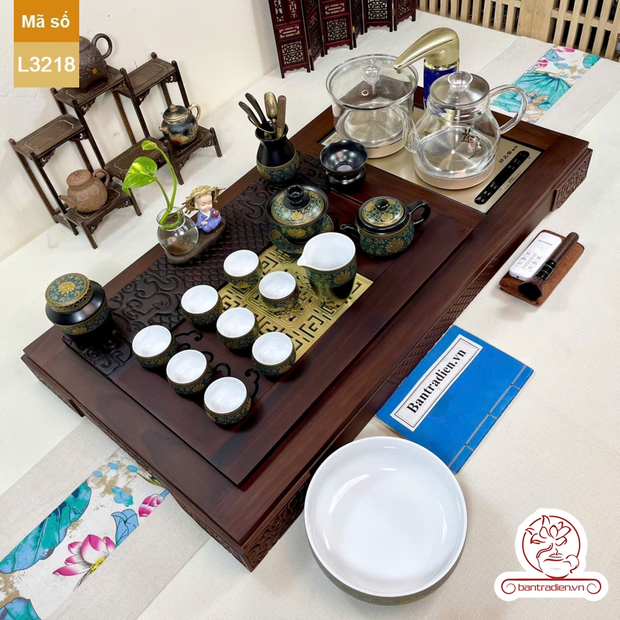 Bộ bàn trà điện thông minh đa năng cao cấp gỗ mun mặt đồng L3218
