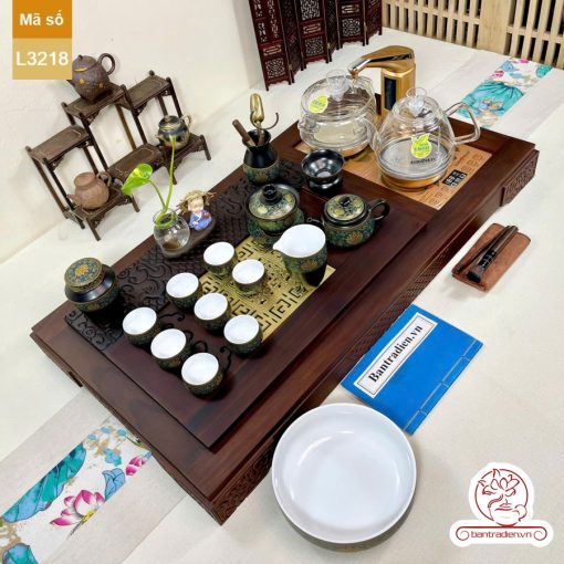 Bộ bàn trà điện thông minh đa năng cao cấp gỗ mun mặt đồng L3218