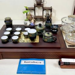 Bộ bàn trà điện thông minh đa năng cao cấp gỗ mun mặt đồng L3218