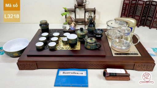 Bộ bàn trà điện thông minh đa năng cao cấp gỗ mun mặt đồng L3218
