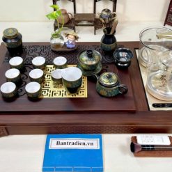 Bộ bàn trà điện thông minh đa năng cao cấp gỗ mun mặt đồng L3218