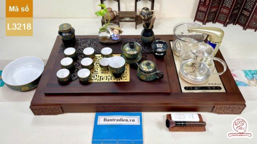 Bộ bàn trà điện thông minh đa năng cao cấp gỗ mun mặt đồng L3218