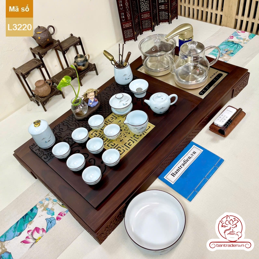 Bộ bàn trà điện thông minh đa năng cao cấp gỗ mun mặt đồng L3220