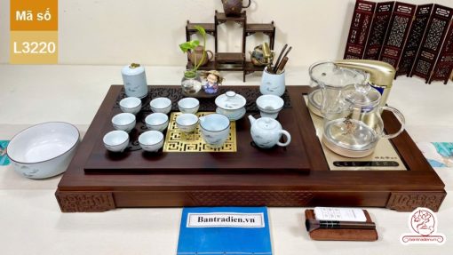 Bộ bàn trà điện thông minh đa năng cao cấp gỗ mun mặt đồng L3220