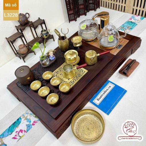Bộ bàn trà điện thông minh đa năng cao cấp gỗ mun mặt đồng L3228