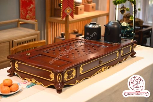 Bộ bàn pha trà điện thông minh đa năng cao cấp phong cách tân cổ điển vẽ vàng L6228 có ngăn kéo để đồ và khay đốt trầm