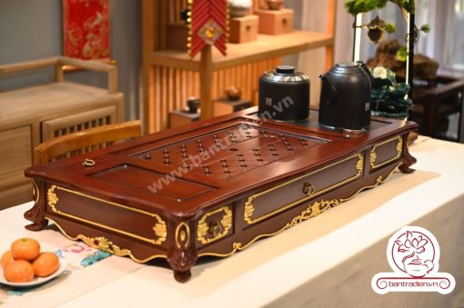 Bộ bàn pha trà điện thông minh đa năng cao cấp phong cách tân cổ điển vẽ vàng L6228 có ngăn kéo để đồ và khay đốt trầm