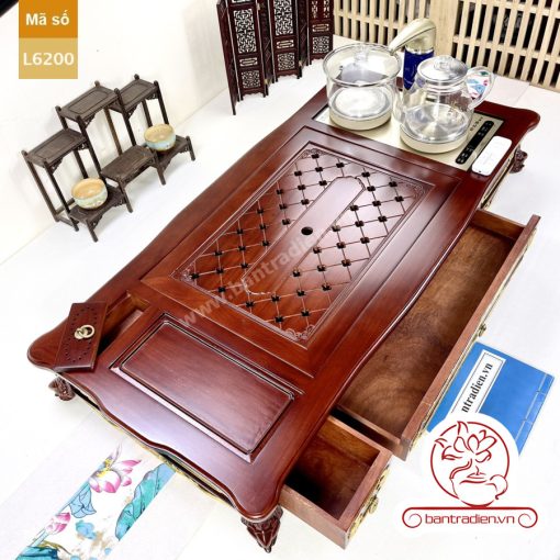 Bộ bàn pha trà điện thông minh đa năng cao cấp phong cách tân cổ điển vẽ vàng L6228 có ngăn kéo để đồ và khay đốt trầm