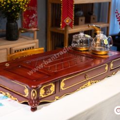 Bộ bàn pha trà điện thông minh đa năng cao cấp phong cách tân cổ điển vẽ vàng L6228 có ngăn kéo để đồ và khay đốt trầm
