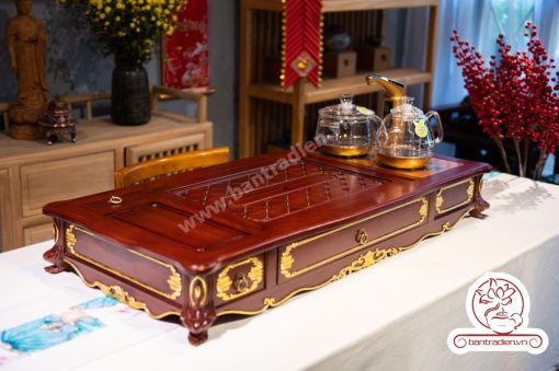 Bộ bàn pha trà điện thông minh đa năng cao cấp phong cách tân cổ điển vẽ vàng L6228 có ngăn kéo để đồ và khay đốt trầm