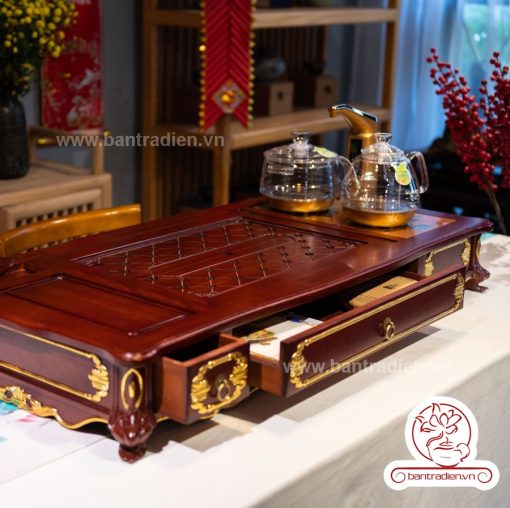 Bộ bàn pha trà điện thông minh đa năng cao cấp phong cách tân cổ điển vẽ vàng L6228 có ngăn kéo để đồ và khay đốt trầm