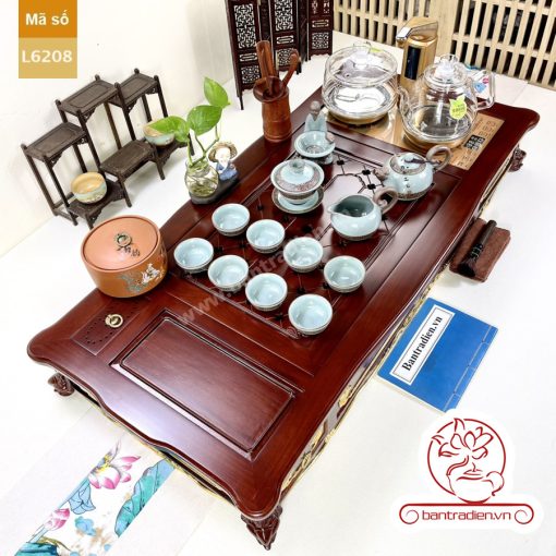 Bộ bàn pha trà điện thông minh đa năng cao cấp phong cách tân cổ điển vẽ vàng L6208 có ngăn kéo để đồ và khay đốt trầm