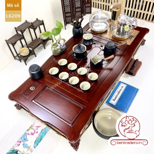 Bộ bàn pha trà điện thông minh đa năng cao cấp phong cách tân cổ điển vẽ vàng L6209 có ngăn kéo để đồ và khay đốt trầm