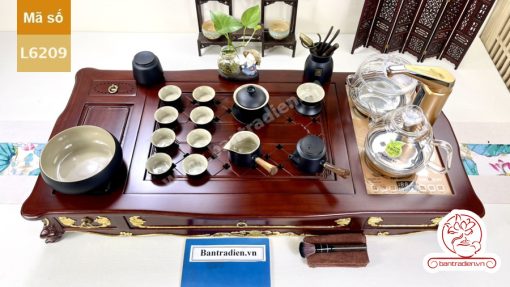 Bộ bàn pha trà điện thông minh đa năng cao cấp phong cách tân cổ điển vẽ vàng L6209 có ngăn kéo để đồ và khay đốt trầm