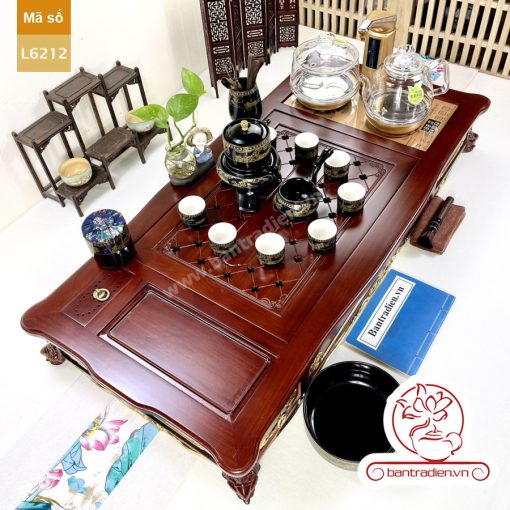 Bộ bàn pha trà điện thông minh đa năng cao cấp phong cách tân cổ điển vẽ vàng L6212 có ngăn kéo để đồ và khay đốt trầm