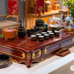 Bộ bàn pha trà điện thông minh đa năng cao cấp phong cách tân cổ điển vẽ vàng L6212 có ngăn kéo để đồ và khay đốt trầm