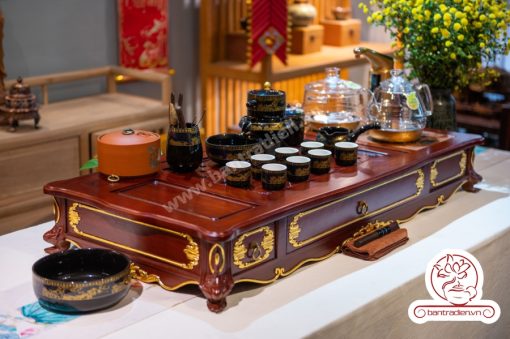 Bộ bàn pha trà điện thông minh đa năng cao cấp phong cách tân cổ điển vẽ vàng L6212 có ngăn kéo để đồ và khay đốt trầm