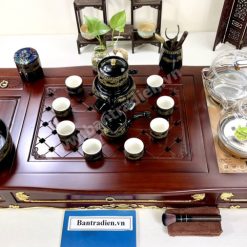 Bộ bàn pha trà điện thông minh đa năng cao cấp phong cách tân cổ điển vẽ vàng L6212 có ngăn kéo để đồ và khay đốt trầm