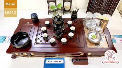 Bộ bàn pha trà điện thông minh đa năng cao cấp phong cách tân cổ điển vẽ vàng L6212 có ngăn kéo để đồ và khay đốt trầm