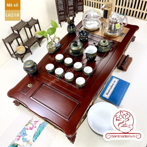 Bộ bàn pha trà điện thông minh đa năng cao cấp phong cách tân cổ điển vẽ vàng L6218 có ngăn kéo để đồ và khay đốt trầm