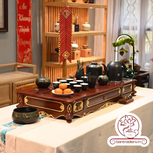 Bộ bàn pha trà điện thông minh đa năng cao cấp phong cách tân cổ điển vẽ vàng L6218 có ngăn kéo để đồ và khay đốt trầm