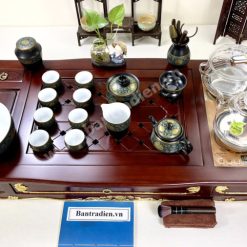 Bộ bàn pha trà điện thông minh đa năng cao cấp phong cách tân cổ điển vẽ vàng L6218 có ngăn kéo để đồ và khay đốt trầm