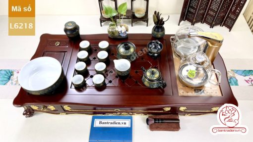 Bộ bàn pha trà điện thông minh đa năng cao cấp phong cách tân cổ điển vẽ vàng L6218 có ngăn kéo để đồ và khay đốt trầm