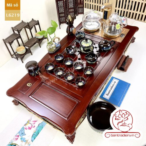 Bộ bàn pha trà điện thông minh đa năng cao cấp phong cách tân cổ điển vẽ vàng L6219 có ngăn kéo để đồ và khay đốt trầm