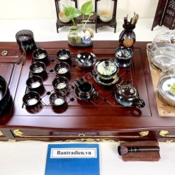 Bộ bàn pha trà điện thông minh đa năng cao cấp phong cách tân cổ điển vẽ vàng L6219 có ngăn kéo để đồ và khay đốt trầm
