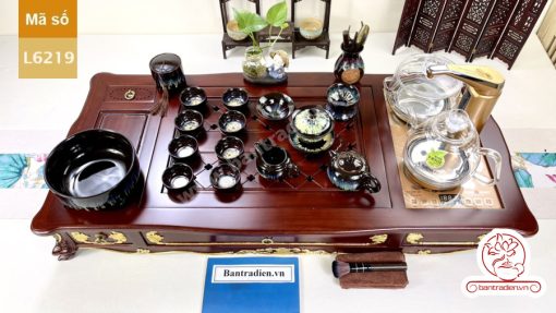 Bộ bàn pha trà điện thông minh đa năng cao cấp phong cách tân cổ điển vẽ vàng L6219 có ngăn kéo để đồ và khay đốt trầm
