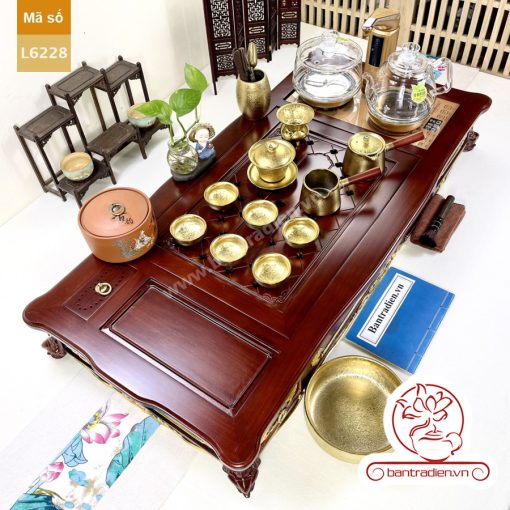 Bộ bàn pha trà điện thông minh đa năng cao cấp phong cách tân cổ điển vẽ vàng L6228 có ngăn kéo để đồ và khay đốt trầm