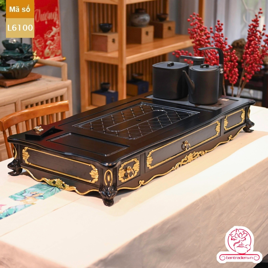 Bộ bàn pha trà điện thông minh đa năng cao cấp phong cách tân cổ điển vẽ vàng L6100 có ngăn kéo để đồ và khay đốt trầm