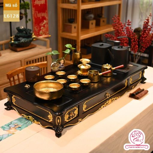 Bộ bàn pha trà điện thông minh đa năng cao cấp phong cách tân cổ điển vẽ vàng L6128 có ngăn kéo để đồ và khay đốt trầm