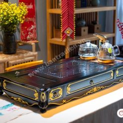 Bộ bàn pha trà điện thông minh đa năng cao cấp phong cách tân cổ điển vẽ vàng L6100 có ngăn kéo để đồ và khay đốt trầm