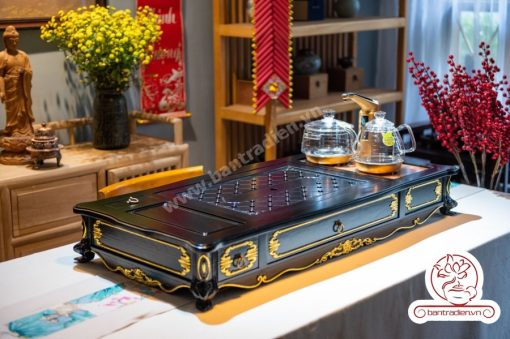 Bộ bàn pha trà điện thông minh đa năng cao cấp phong cách tân cổ điển vẽ vàng L6100 có ngăn kéo để đồ và khay đốt trầm