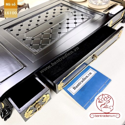 Bộ bàn pha trà điện thông minh đa năng cao cấp phong cách tân cổ điển vẽ vàng L6100 có ngăn kéo để đồ và khay đốt trầm