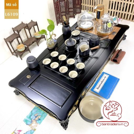 Bộ bàn pha trà điện thông minh đa năng cao cấp phong cách tân cổ điển vẽ vàng L6109 có ngăn kéo để đồ và khay đốt trầm