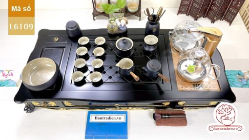 Bộ bàn pha trà điện thông minh đa năng cao cấp phong cách tân cổ điển vẽ vàng L6109 có ngăn kéo để đồ và khay đốt trầm