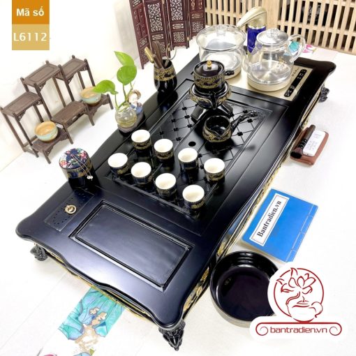 Bộ bàn pha trà điện thông minh đa năng cao cấp phong cách tân cổ điển vẽ vàng L6112 có ngăn kéo để đồ và khay đốt trầm