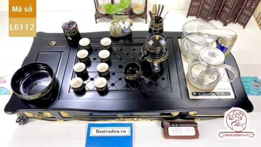 Bộ bàn pha trà điện thông minh đa năng cao cấp phong cách tân cổ điển vẽ vàng L6112 có ngăn kéo để đồ và khay đốt trầm