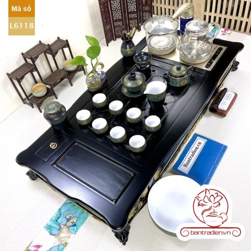 Bộ bàn pha trà điện thông minh đa năng cao cấp phong cách tân cổ điển vẽ vàng L6118 có ngăn kéo để đồ và khay đốt trầm