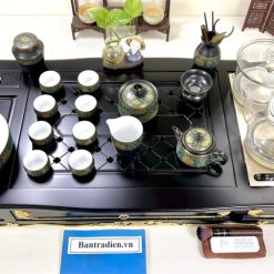 Bộ bàn pha trà điện thông minh đa năng cao cấp phong cách tân cổ điển vẽ vàng L6118 có ngăn kéo để đồ và khay đốt trầm