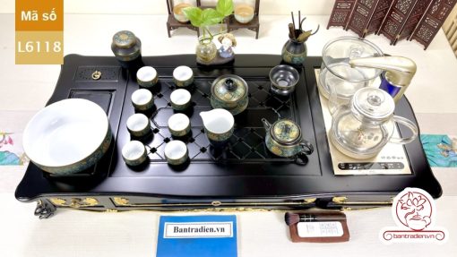Bộ bàn pha trà điện thông minh đa năng cao cấp phong cách tân cổ điển vẽ vàng L6118 có ngăn kéo để đồ và khay đốt trầm