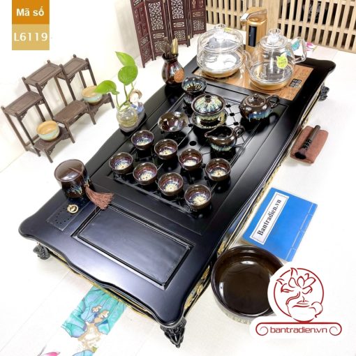 Bộ bàn pha trà điện thông minh đa năng cao cấp phong cách tân cổ điển vẽ vàng L6119 có ngăn kéo để đồ và khay đốt trầm