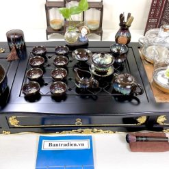 Bộ bàn pha trà điện thông minh đa năng cao cấp phong cách tân cổ điển vẽ vàng L6119 có ngăn kéo để đồ và khay đốt trầm