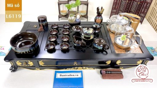 Bộ bàn pha trà điện thông minh đa năng cao cấp phong cách tân cổ điển vẽ vàng L6119 có ngăn kéo để đồ và khay đốt trầm