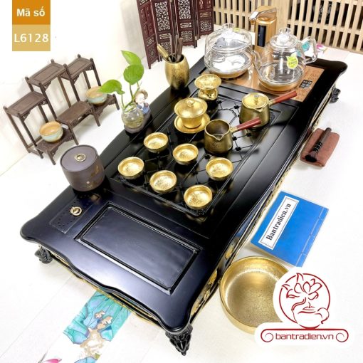 Bộ bàn pha trà điện thông minh đa năng cao cấp phong cách tân cổ điển vẽ vàng L6128 có ngăn kéo để đồ và khay đốt trầm